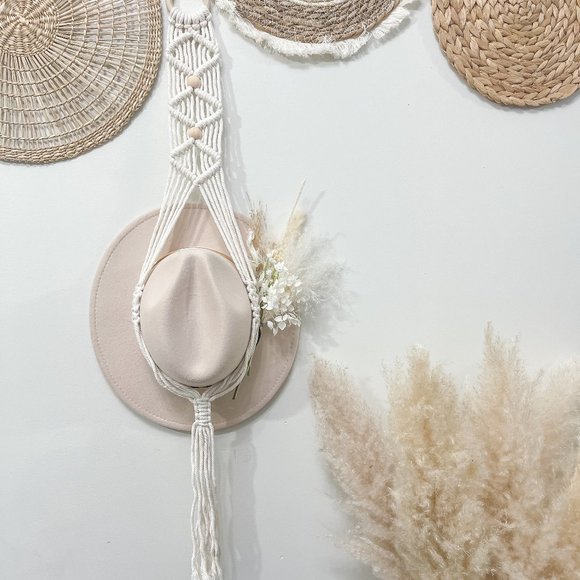 Boho Macrame Natural Hanging Hat Organizer Display - Picture 3 of 6